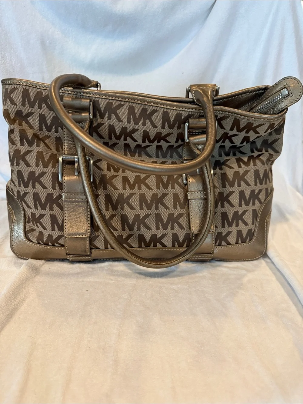 Michael Kors MK Logo Tan Tote with Metallic Gold Trim